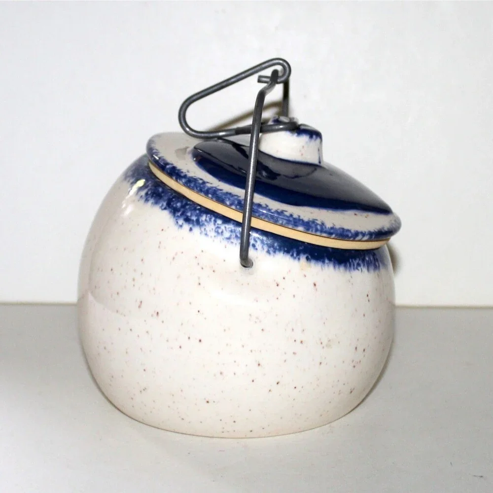 Crock w Locking Lid Tilted Blue Heart canister ceramic farmhouse kitchen decor
